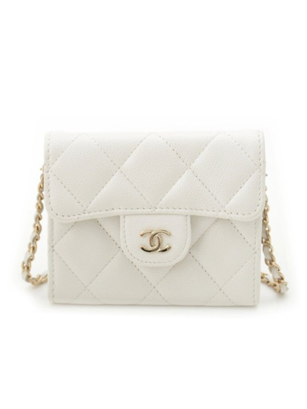 Chanel Caviar Leather Quilted CC Logo Mini Chain Wallet Card Case White